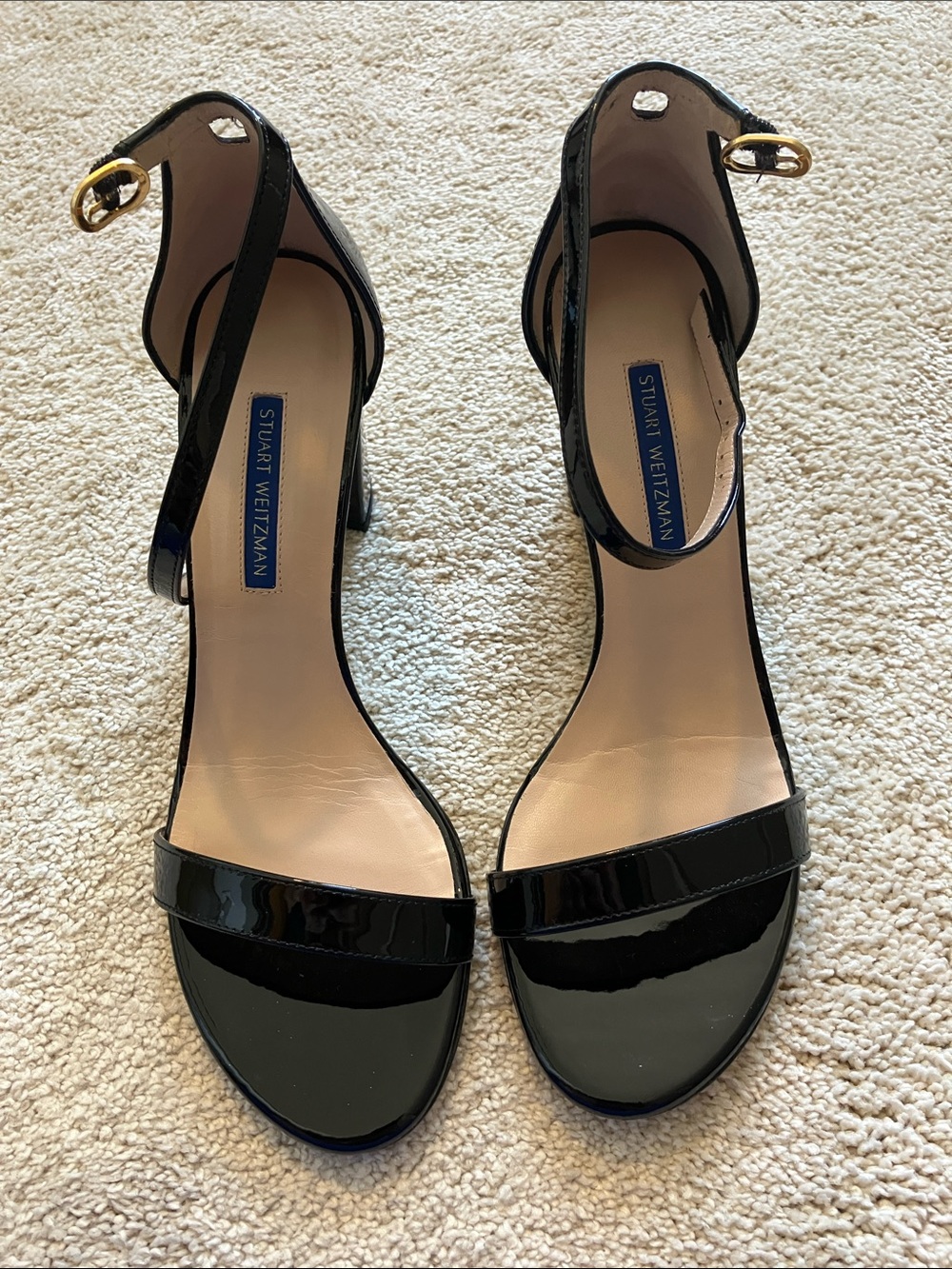 Stuart Weitzman Black Patent Ankle-Strap Heels with Gold Buckles